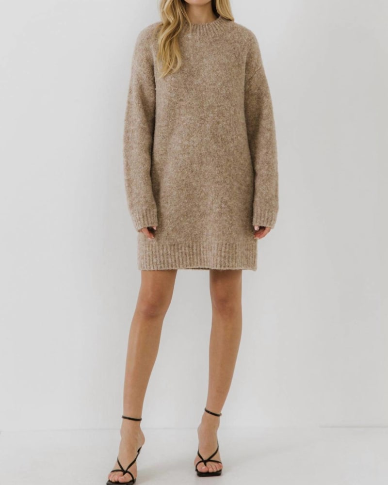 Front of a model wearing a size LARGE Long Sleeve Sweater Dress In Taupe in Taupe by English Factory. | dia_product_style_image_id:346496